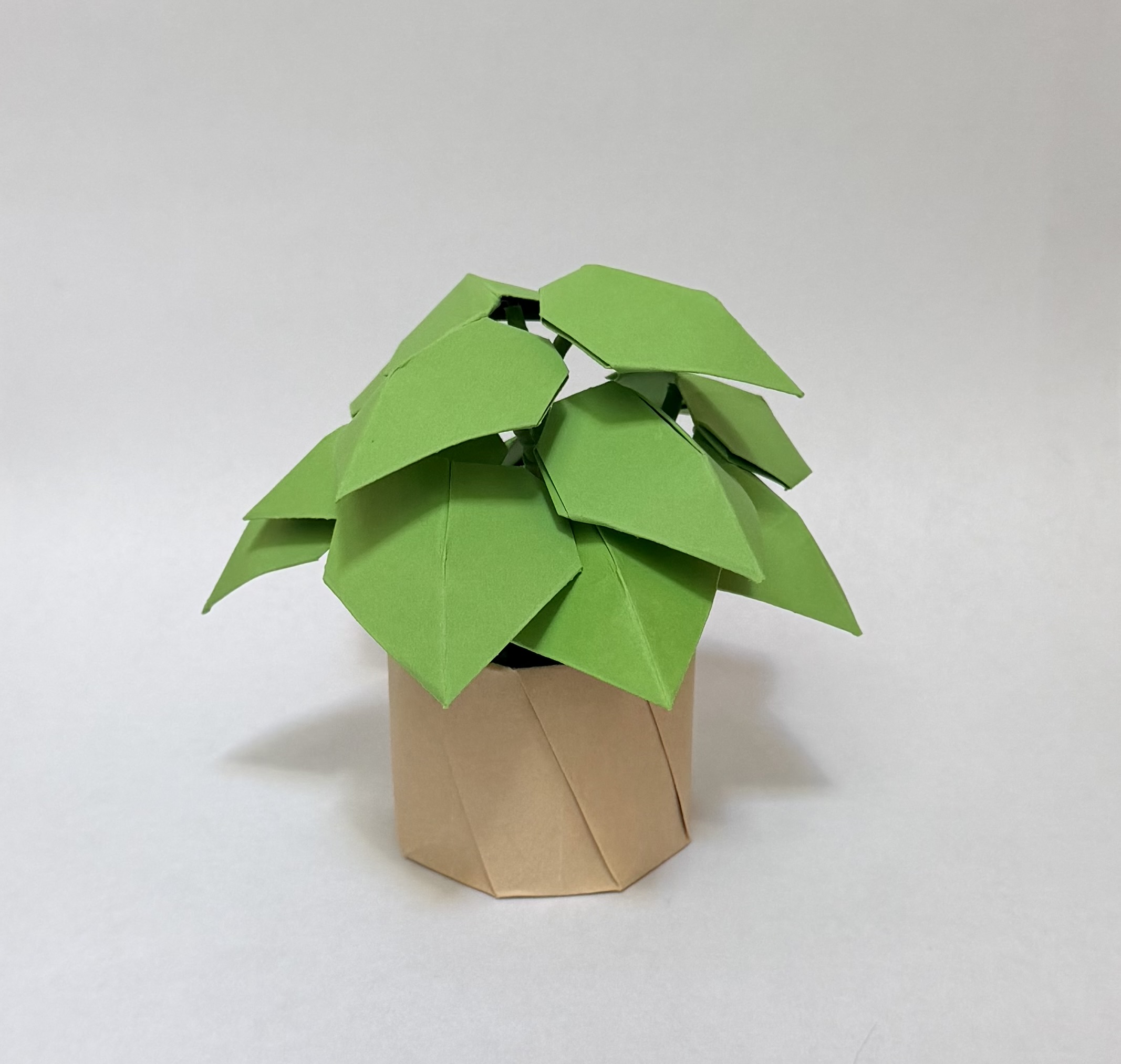 An image showing a plant in a brown pot with large green leaves, created from paper.