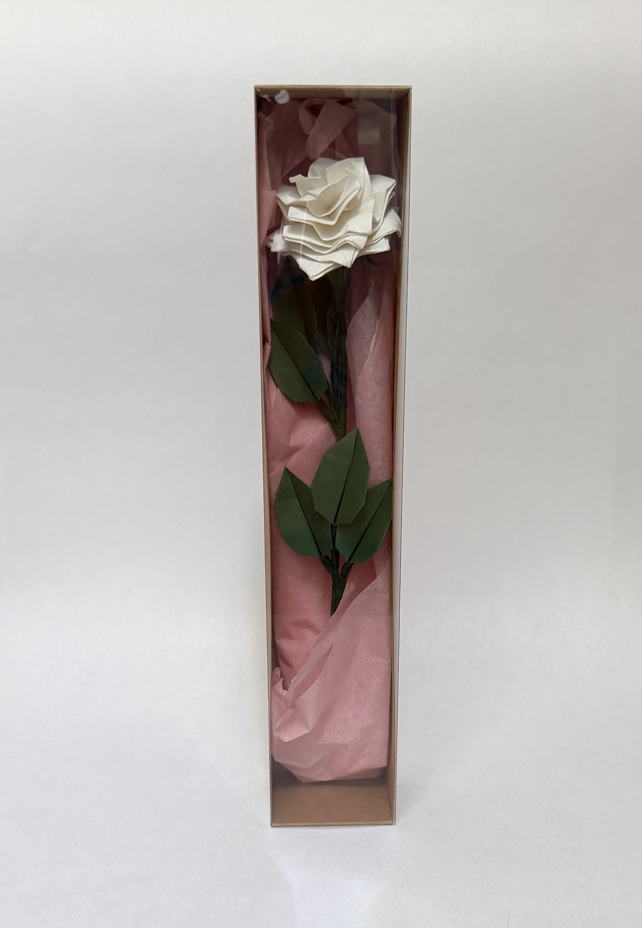 An image showing a single white rose in a vertical box with pink tissue paper and green leaves, created from paper.